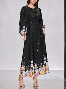 Modelyn Women's Arab Style Belted Lantern Sleeve Floral Print Dress - Black - View 1