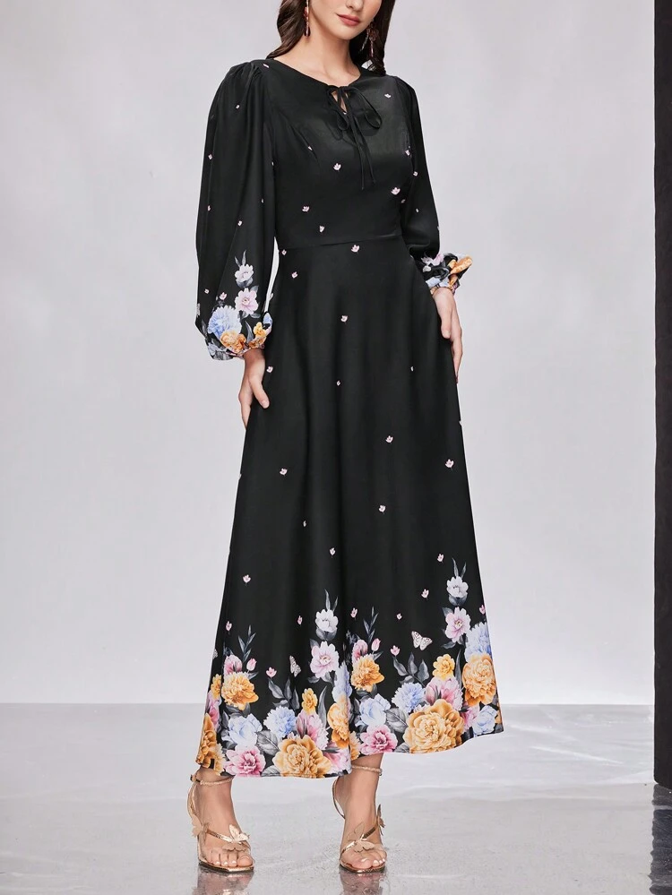 Women's Arab Style Belted Lantern Sleeve Floral Print Dress
