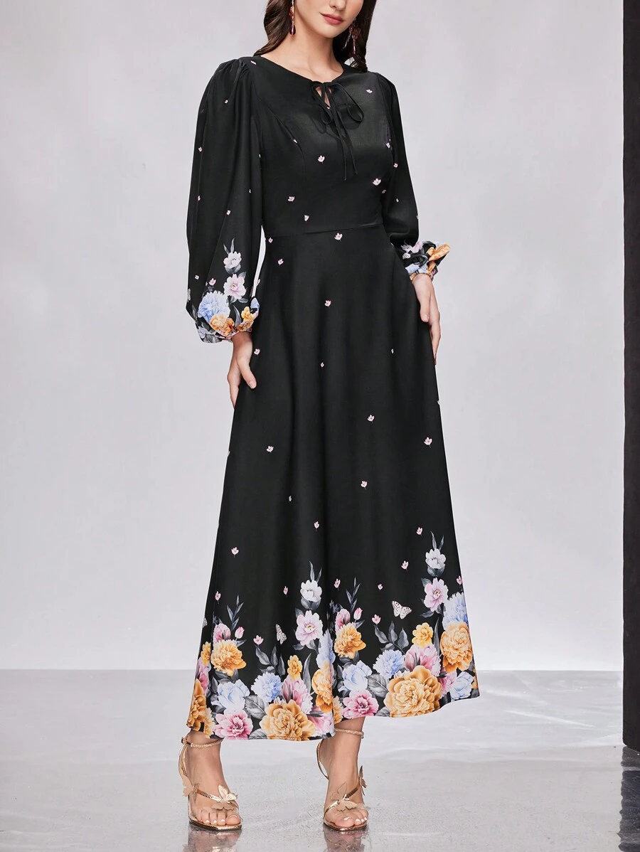 Modelyn Women's Arab Style Belted Lantern Sleeve Floral Print Dress - Black - View 1