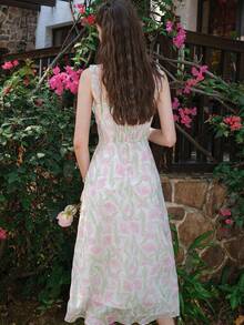 Ladies" Fashionable French Tulip Printed Sleeveless Sundress - Multicolor - View 2