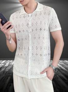 Manfinity Homme Nam Xu hướng: Cắt giảm Ngắn tay Áo len Mở Với Mở Mặt trước - trắng - Xem 3