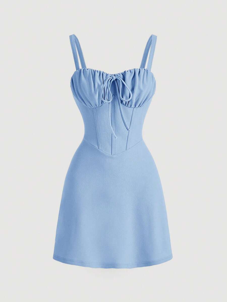 SHEIN MOD 女式纯色前褶系带无袖连衣裙 - 藍色 - 查看 1