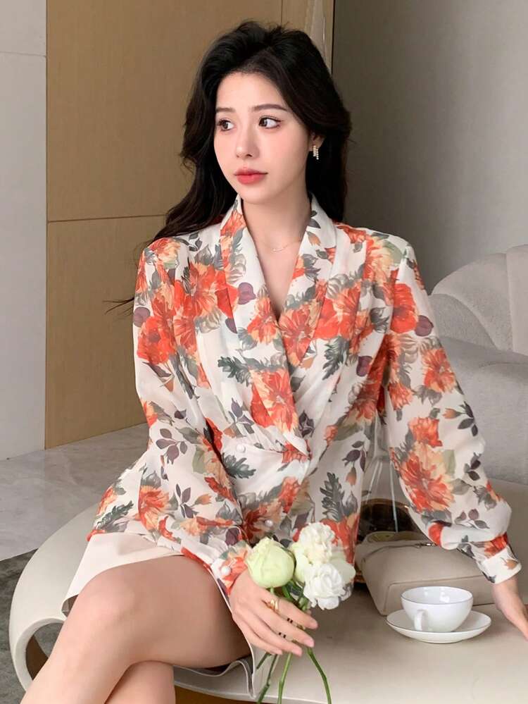 Floral Printed Lapel Double Breasted Jacket With Color Block Collar,Fall Clothes Women Coats