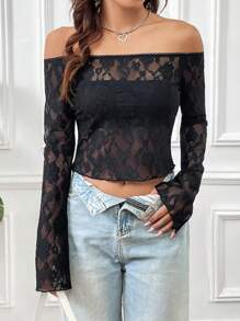 SHEIN Unity 蕾丝露肩修身长袖上衣 - 黑色 - 查看 6