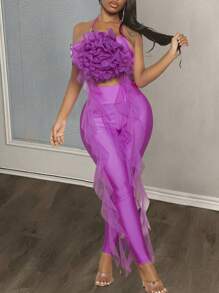 Slaydiva 情人節優雅立體花繡露背束領裝帶條裙套裝玫瑰紫女裝 - 玫紅色 - 查看 1