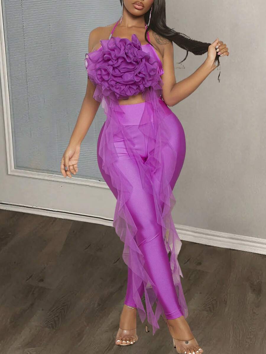 Slaydiva 情人節優雅立體花繡露背束領裝帶條裙套裝玫瑰紫女裝 - 玫紅色 - 查看 1