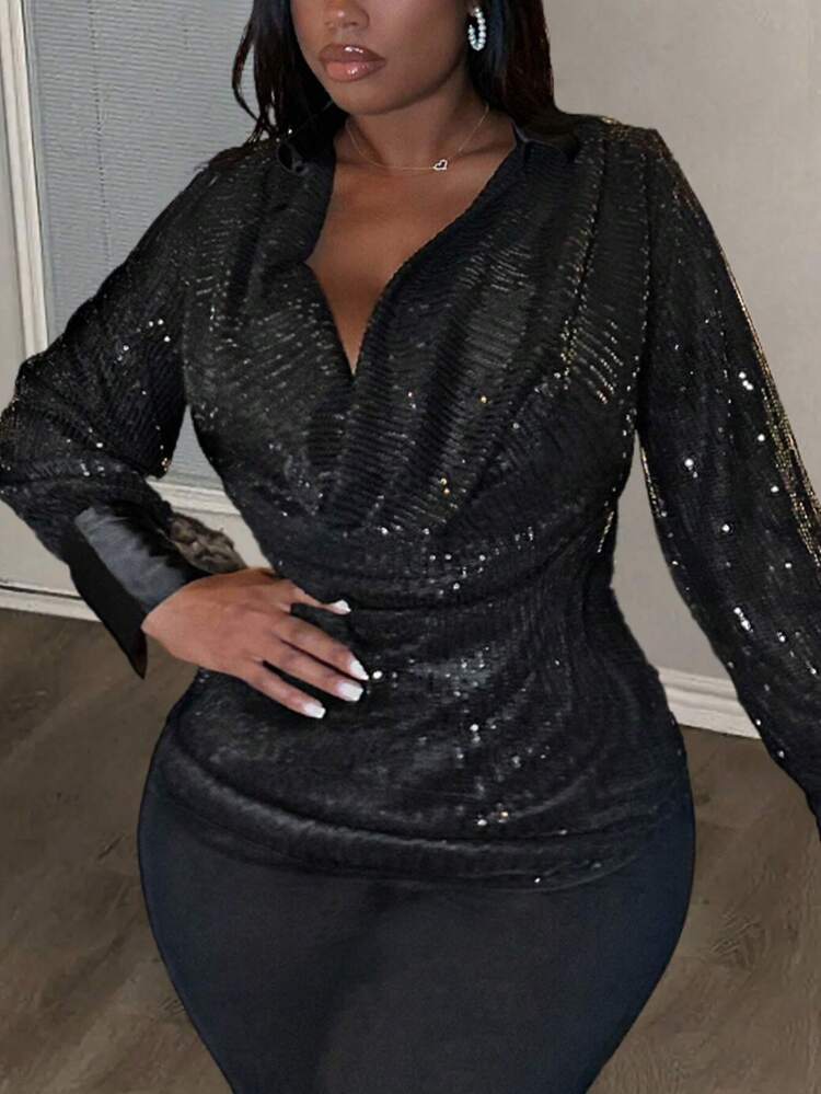 Draped Neck Lantern Sleeve Sequin Blouse