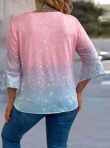 EMERY ROSE Plus Ombre Print Notched Neckline Half Button Tee - Pink - View 2