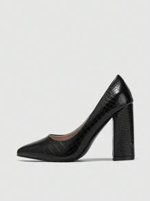 女士粗跟尖头春秋季套脚鞋，石纹黑色，低帮，优雅 - 黑色 - 查看 3