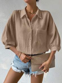 EMERY ROSE Camisa De Manga Murciélago De Color Sólido Con Textura - Caqui - Ver 4
