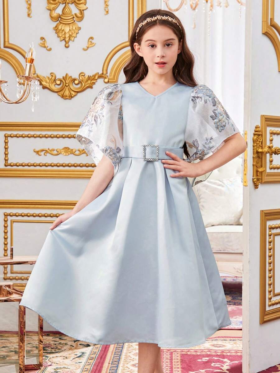 SHEIN Leap Crew 少女們的可愛v領收腰a字裙裝 - 彩色 - 查看 1