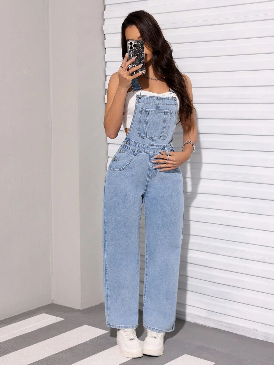 SHEIN PETITE Solid Color Straight Leg Denim Overalls