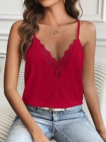 SHEIN Frenchy Camiseta De Tirantes Decorada Con Encaje Con Borde De Filo De Encaje Adornado Con Redes De Bordado