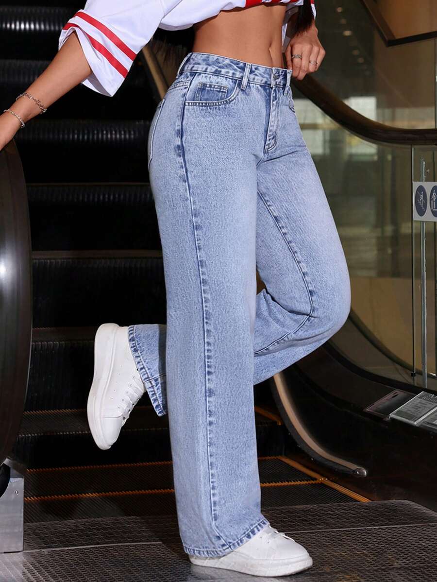 SHEIN ICON Pantalones Vaqueros De Pierna Recta Y Cintura Baja Para Mujer Con Bolsillos Y Proceso De Lavado - Azul lavado medio - Ver 1
