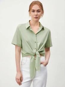 BizChic Camisa Abotonada De Color Liso Con Dobladillo Delantero Anudado - Verde - Ver 3