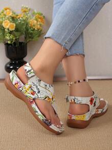 Bohemian Style Comfortable Slip-On Wedge Sandals With Toe-Loop, Colorful Stitching And Buckle Design For Women (Polyurethane Sole With Small Holes) - Random Color - White - View 2