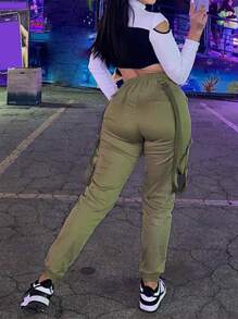 Solid Flap Pocket Cargo Trousers - Army Green - View 3