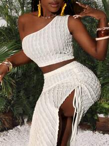 Slaydiva One Shoulder Crop Top & Drawstring Split Thigh Skirt