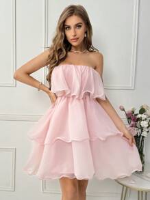 SHEIN Privé Strapless Casual Ruffle Hem Decorated Dress - Pink - View 6