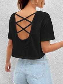 SHEIN EZwear Crisscross Backless Crop Tee - Black - View 3