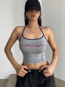 DAZY Women's Letter Printed Colorblock Tank Top With Contrast Stitching Crop Women Tops Halter Top Going Out Tops - Grey - View 4
