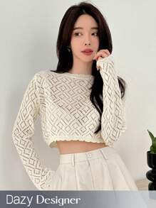 Dazy Designer Ladies' Hollow Out Round Neck Sweater In Apricot Fall - Apricot - View 1