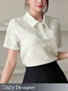 Dazy Designer Solid Color Textured Polo Collar T-Shirt,Business Casual Women