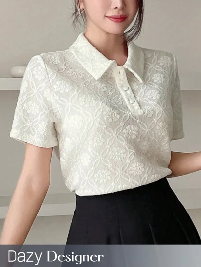 Dazy Designer Solid Color Textured Polo Collar T-Shirt,Business Casual Women