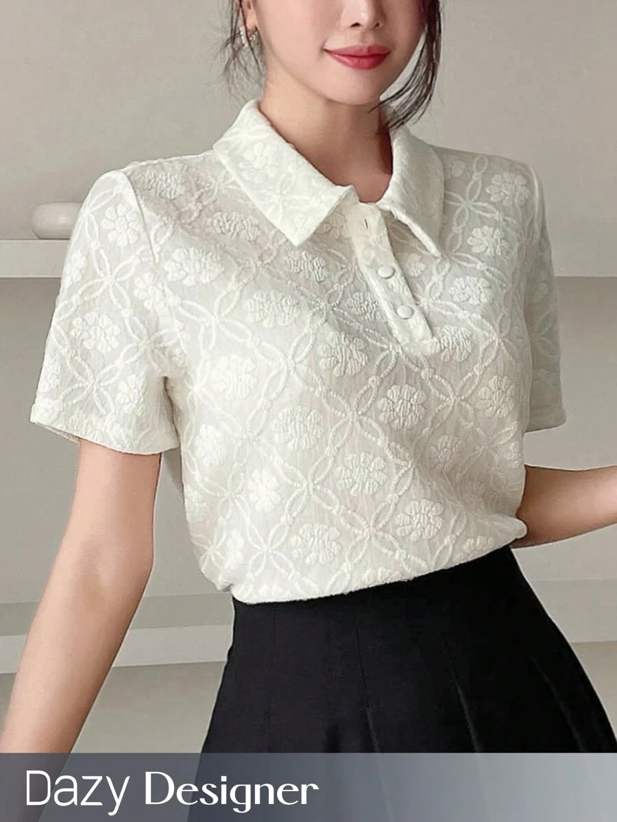 Dazy Designer Solid Color Textured Polo Collar T-Shirt,Business Casual Women