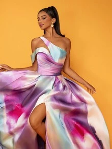 镂空不对称领长款高端优雅渐变扎染正式晚礼服舞会婚礼宾客礼服，适合毕业典礼、晚宴派对礼服 - 淡紫色 - 查看 5