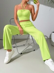 SHEIN EZwear Conjunto De Top Halter De Color Sólido Y Pantalones Para Mujer - Verde - Ver 5