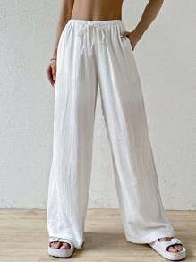 SHEIN EZwear Pantalones largos de mujer de unicolor con nudo a la cintura