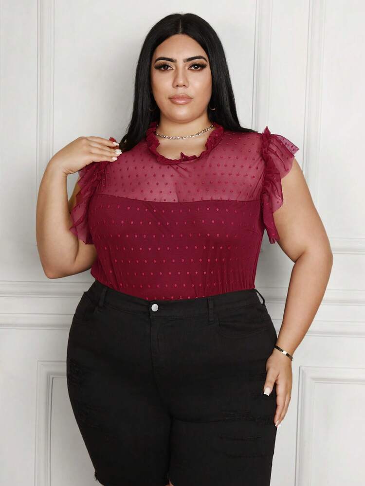 Plus Size Wine Red Mesh Paneled Top With Ruffle Hem For Women