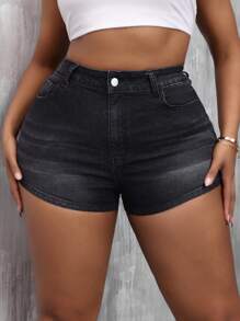 SHEIN SXY Plus Size Denim Stretchy Sexy Ultra-Short Shorts - Black - View 6