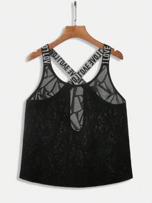 Easithlete Hollow Out Jacquard Splicing Athletic Tank Top Gym Top - Black - View 5