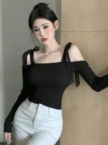 Dazy Designer 女士露肩设计长袖T恤，时尚感十足，除夕夜，露肩上衣，返校服，秋季女装 - 黑色 - 查看 2