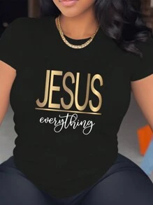SHEIN Camiseta de manga corta para mujeres con estampado de Jesucristo y letras "JESÚS todo" Gráfico de camisetas para mujeres - Negro - Ver 1