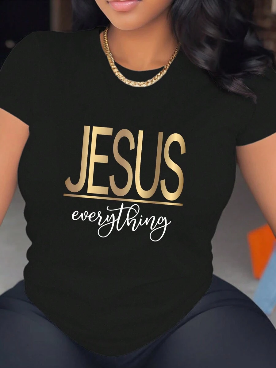 SHEIN Camiseta de manga corta para mujeres con estampado de Jesucristo y letras "JESÚS todo" Gráfico de camisetas para mujeres - Negro - Ver 1