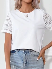 SHEIN Frenchy 夏季婚礼季拼接露背上衣，白色，必备单品，夏季，婚礼季必备，田园风 - 白色 - 查看 5