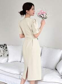 DAZY Women's Puff Sleeve Belted Dress Sundress - Beige - View 5