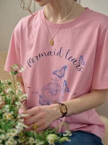 Simple Retro 1pc Women Butterfly & Letter Print Casual T-Shirt - Pink - View 8