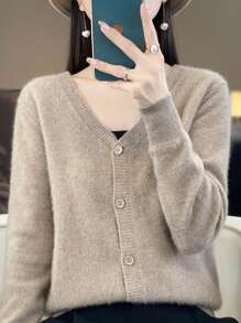 新款春季時尚復古純色薄款V領開襟針織衫 - 駝色 - 查看 1