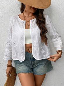 Breezaya Plus Size Women's Texture Asymmetrical Cutout Open Front Mid-Sleeve Jacket