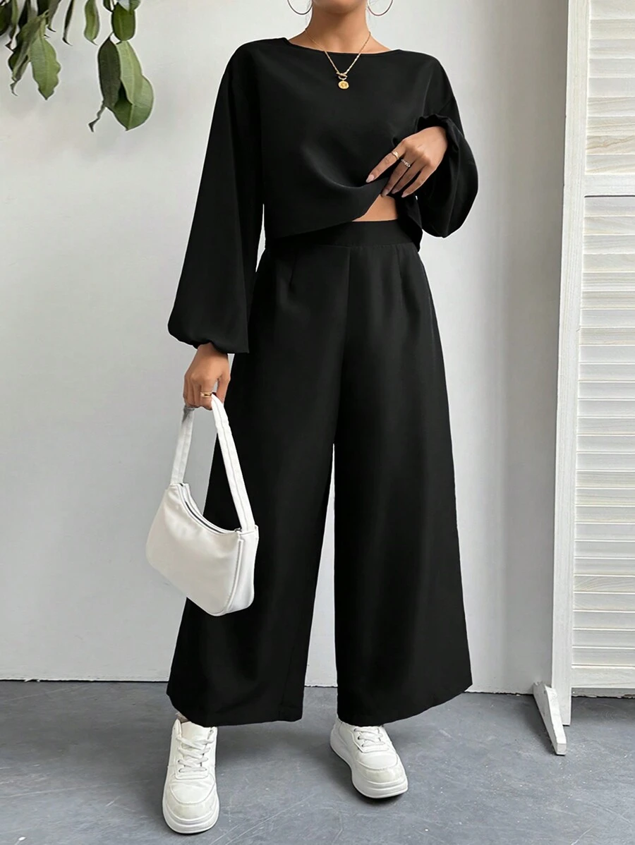 SHEIN Essnce Solid Color Lantern Sleeve Top And Wide Leg Pants Casual 2pcs/Set - Black - View 1