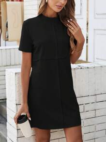 SHEIN LUNE 女士夏季立領拼接休閒舒適連衣裙 - 黑色 - 查看 5