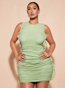 SHEIN BAE Vestido mini entallado con volantes de color brillante y efecto tie-dye versátil para mujer de talla grande, elegante para vacaciones, festivales de música, playa, resort, verano, regalo del Día de la Madre - Verde - Ver 5