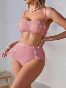 Women's Bra & Panty Lingerie Set With Rhinestone Decoration - Pink - View 6