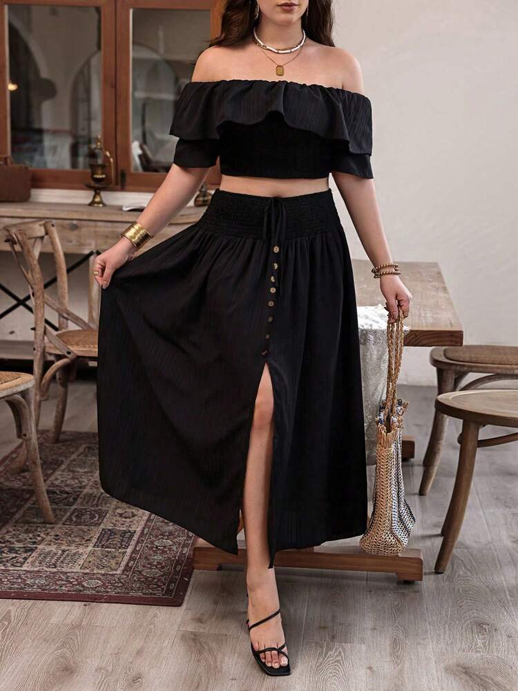 Plus Size Women's Off-Shoulder Puff Sleeve Crop Top And Skirt Set
