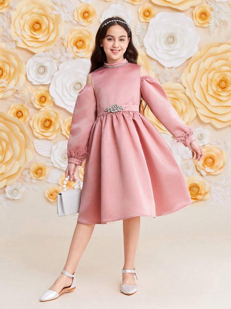 Tween Girl Rhinestone Trim Stand Collar Cutout Shoulder Dress