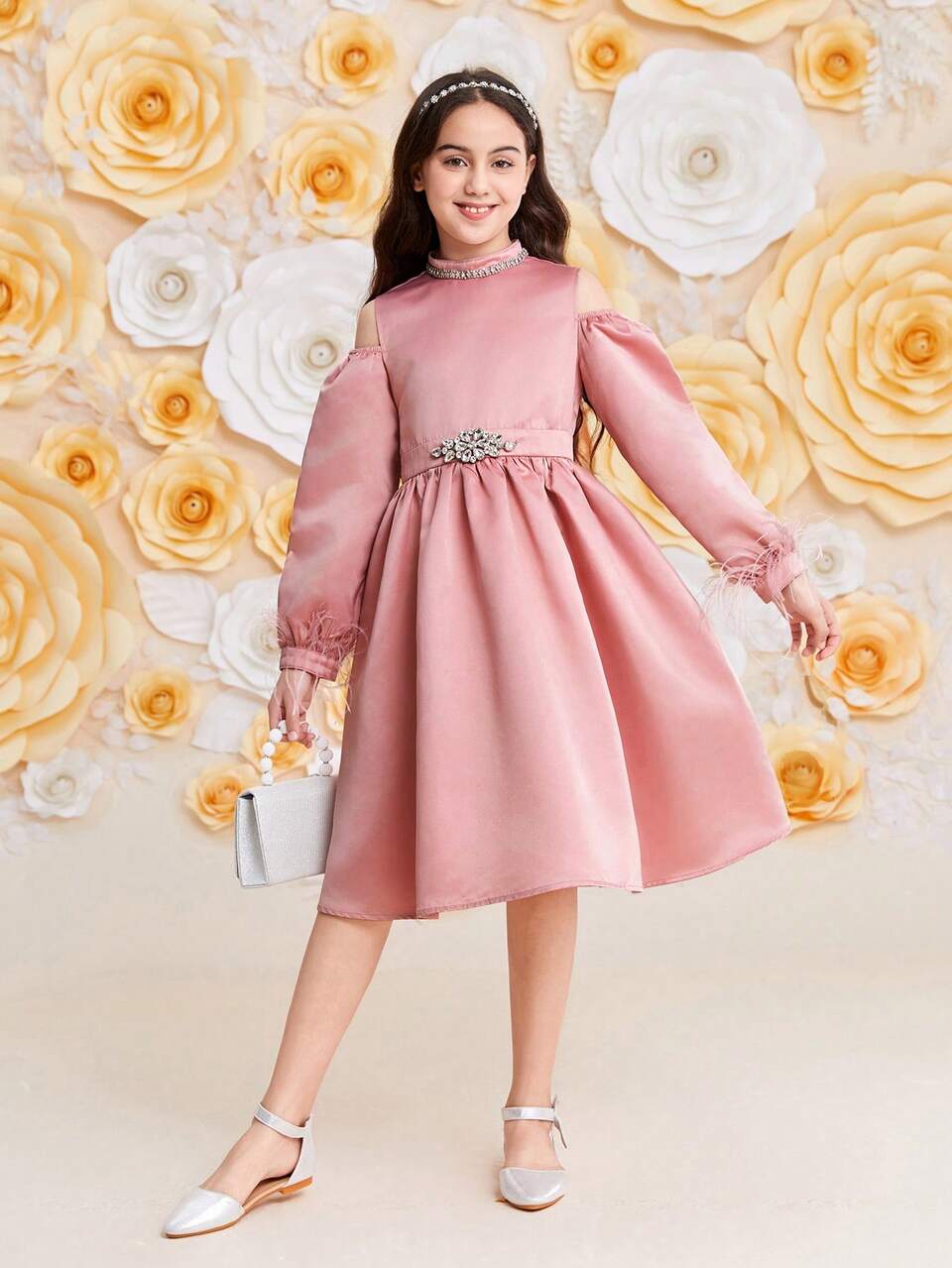 Tween Girl Rhinestone Trim Stand Collar Cutout Shoulder Dress